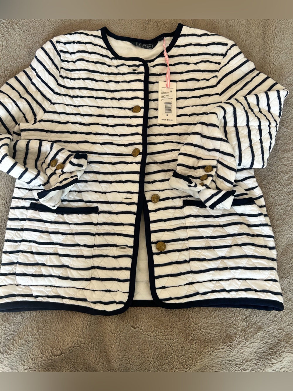 Vineyard Vines White and Navy Striped Quilted Coat